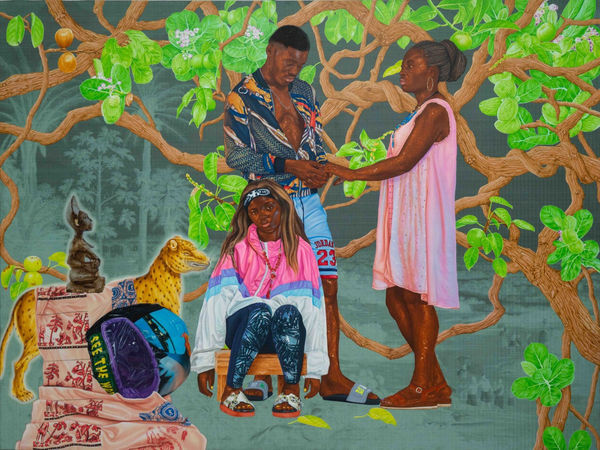 Hilary Balu Ekongo Inzambi Kwandi Kanvila Muntu Nlenda Kungandako Evokundilisa 3, 2023 Acrylic, CYMK ink and oil on canvas 215 x 280 cm. 84.6 x 110.2 in.
