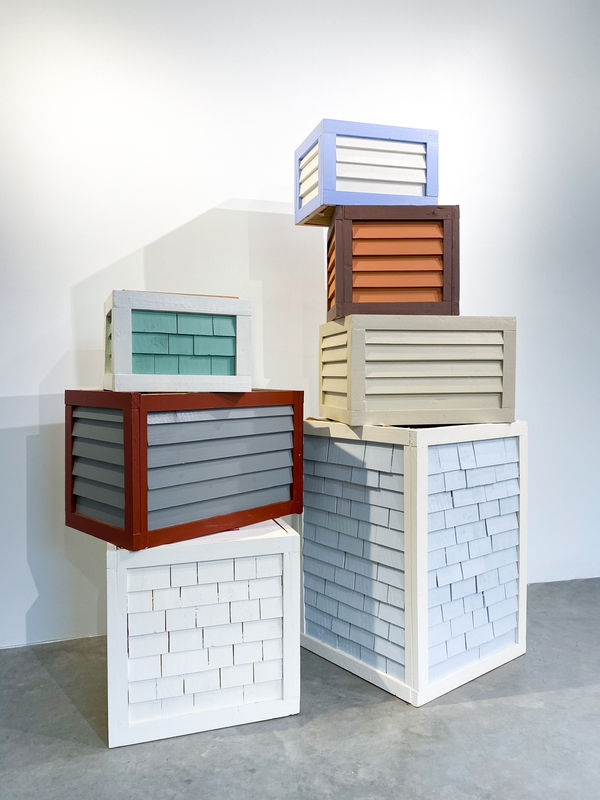 Gus Williams Moving Boxes (Stack), 2022 Shingles/ Clapboards, plywood, trim board, card board boxes, house paint 68 x 22.25 in.