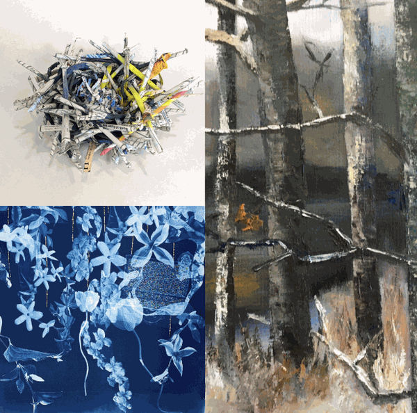 TOP LEFT: Kimberley Harding, Empty Nest, old checks, old address labels, membership cards & IDs, gouache, glue, 4 ½” x 9” x 9”. BOTTOM LEFT: Susan Murie, Voyage #10, cyanotype on paper, pencil, ink, 30” x 22”. RIGHT: Jeannette Atkinson, “Bea’s Pond – November,” oil on panel, 11” x 14”.