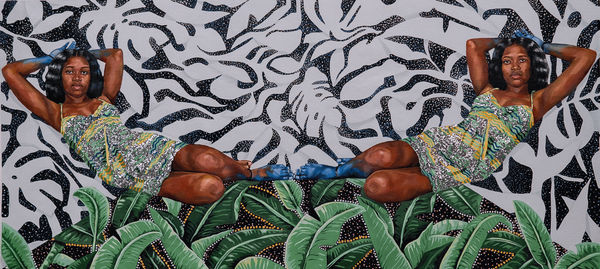 Alanis Forde, A Tapestry: The Deity and Gatekeeper, 2024 Oil and glitter on canvas 30 x 65 in.