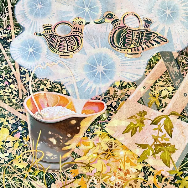 HILARY IRONS, Ash pail & Duck Askoi, 2022, Oil, acrylic and marble dust on panel, 18 x 18”