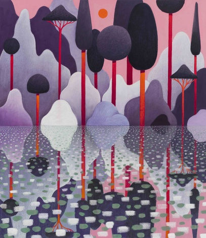 Colorful landscape painting by Nicolas Party featuring abstract trees and mountains reflected in water.