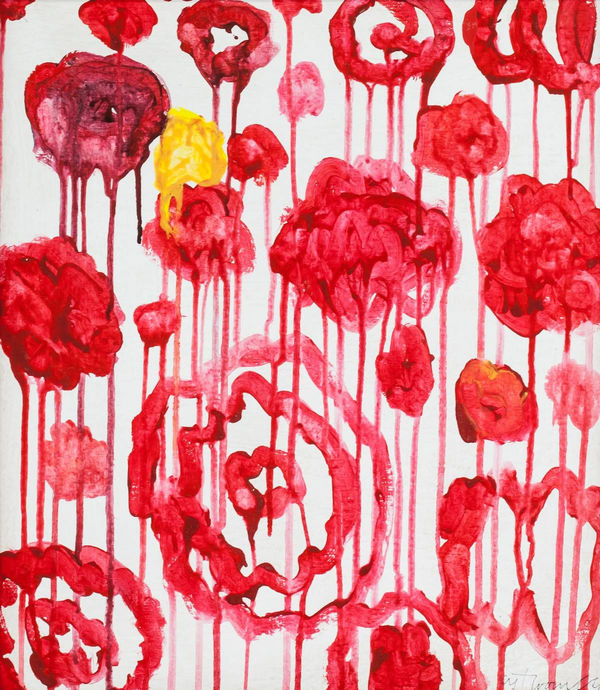 Cy Twombly painting with red and pink abstract floral patterns on a white background