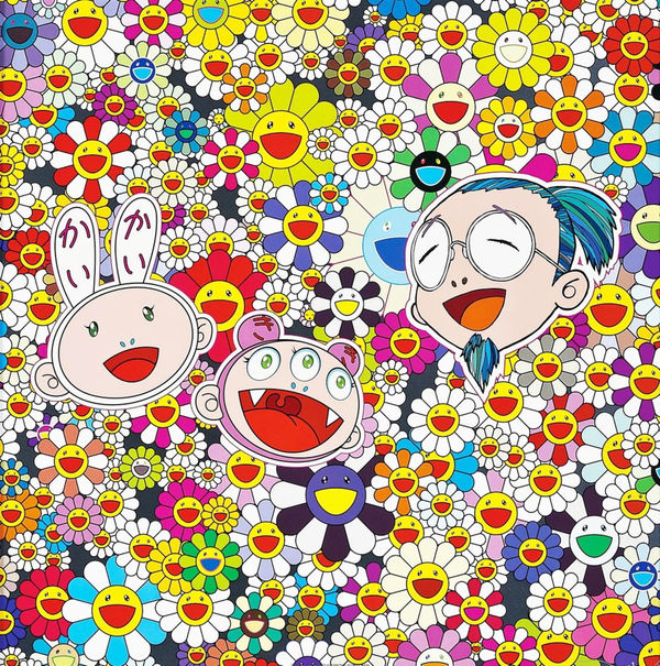 Colorful floral artwork by Takashi Murakami featuring smiling cartoon faces among vibrant flowers