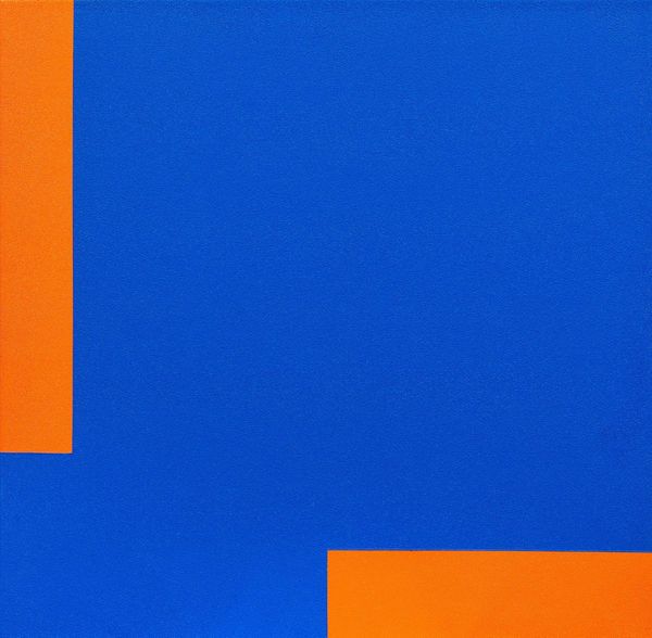 Abstract geometric painting by Carmen Herrera featuring bold blue and orange shapes.