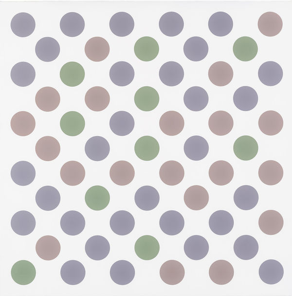 Damien Hirst artwork featuring a grid of pastel-colored dots on a white background