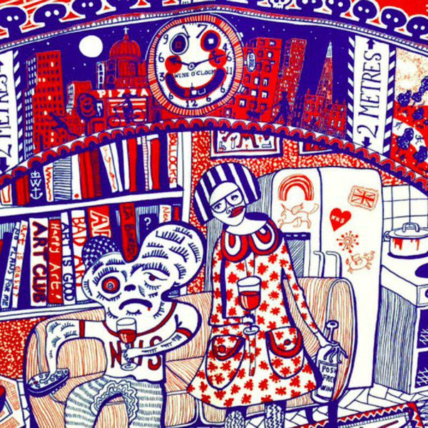 Colorful illustration by Grayson Perry featuring two characters in a vibrant, detailed room with bookshelves and a clock.