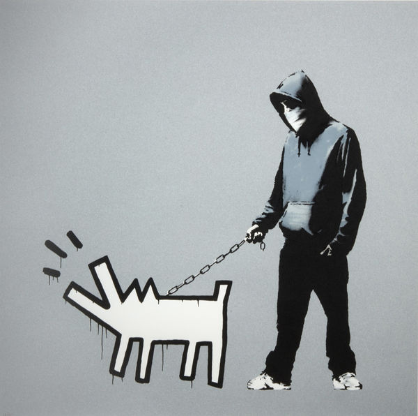 Choose Your Weapon Street art by Banksy featuring a hooded figure walking a cartoon-style dog on a leash