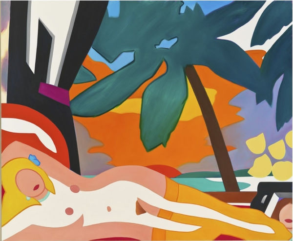 Tom Wesselmann artwork featuring a reclining nude figure with vibrant tropical background