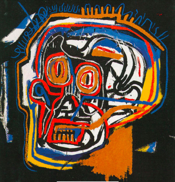 Jean-Michel Basquiat abstract skull painting with vibrant colors and bold lines