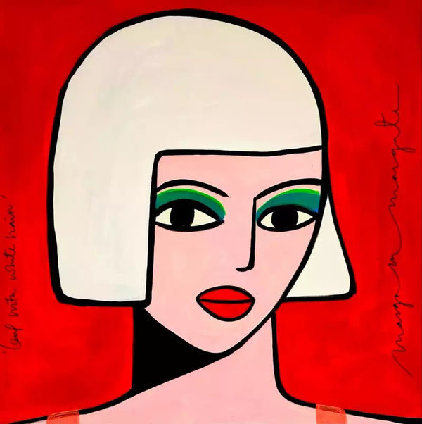Lady with White Hair by Margo McDaid - Portrait of a woman with white hair, bold makeup, and a red background