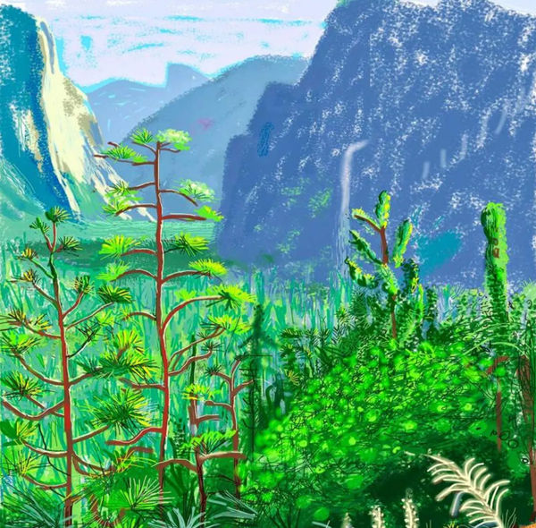 Colorful landscape painting by David Hockney featuring lush green trees and distant blue mountains