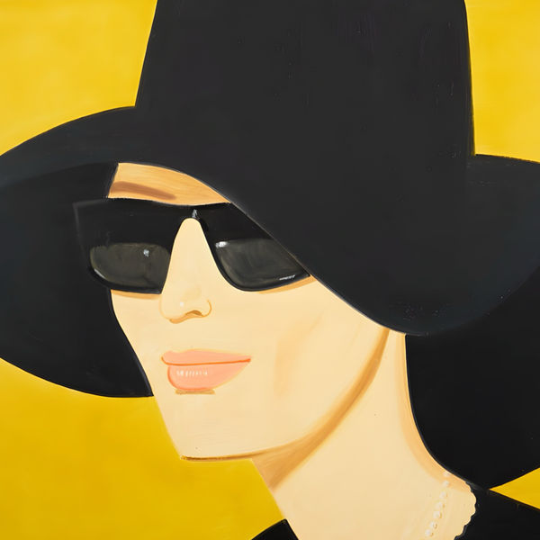 Portrait of a woman in a black hat and sunglasses by artist Alex Katz, set against a bright yellow background.