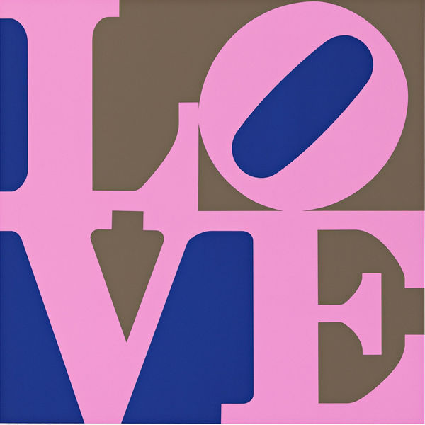 Robert Indiana's iconic LOVE sculpture with pink and blue letters on a brown background