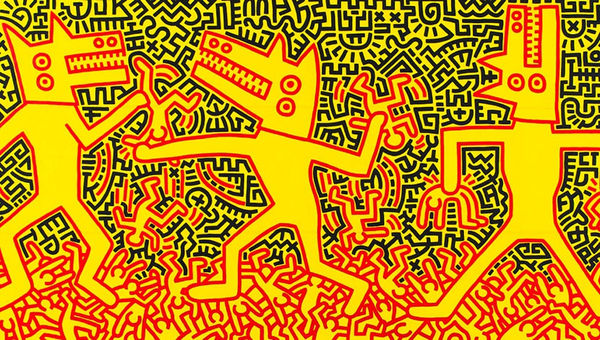 Keith Haring artwork featuring vibrant red and yellow figures with intricate patterns