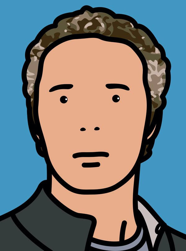 Portrait illustration by Julian Opie featuring a simplified human face with minimalistic features and a blue background.