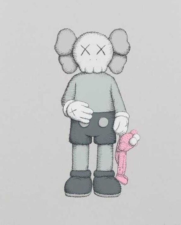 KAWS artwork featuring a character with crossed-out eyes holding a pink toy