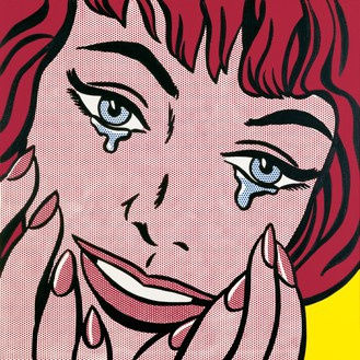 Roy Lichtenstein artwork featuring a close-up of a woman's face with red hair and tears, showcasing pop art style with bold lines and vibrant colors.