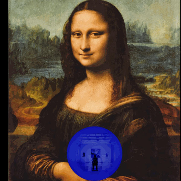 Jeff Koons artwork featuring the Mona Lisa with a reflective blue sphere overlay