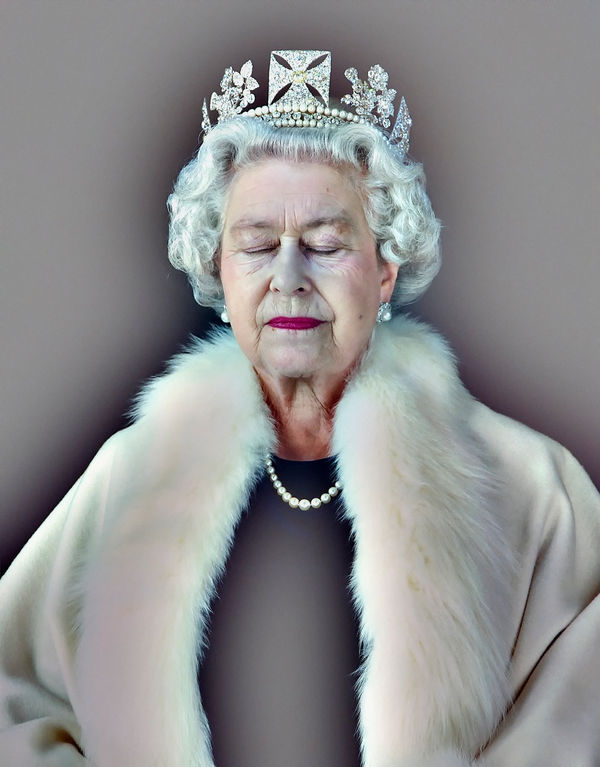 Portrait by Chris Levine of the queen, featuring a regal figure with a crown and fur coat, eyes closed, against a neutral background.