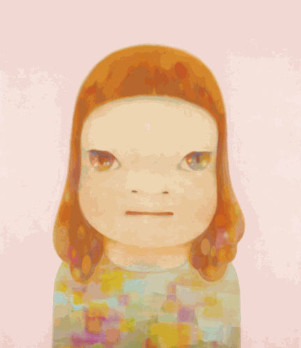 Yoshitomo Nara artwork featuring a childlike figure with red hair and a colorful outfit against a pink background