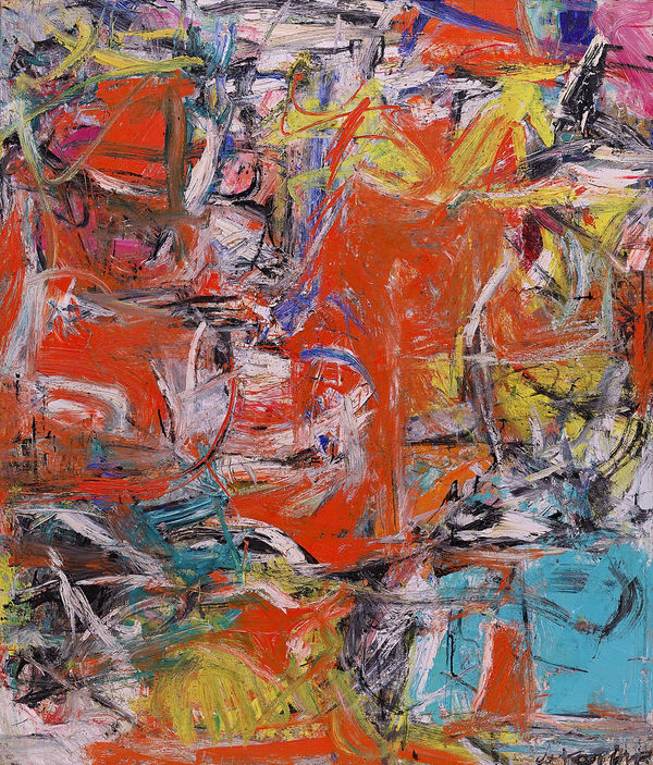 Abstract expressionist painting by Willem De Kooning featuring vibrant colors and dynamic brushstrokes
