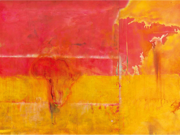 Vibrant abstract painting by Frank Bowling with red, orange, and yellow hues