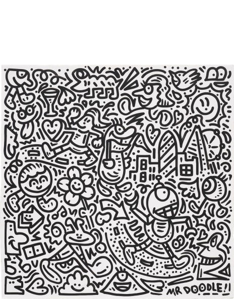 Black and white doodle artwork by Mr Doodle featuring whimsical characters and abstract patterns