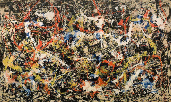 Jackson Pollock abstract painting with dynamic splatters and drips in red, yellow, blue, and black