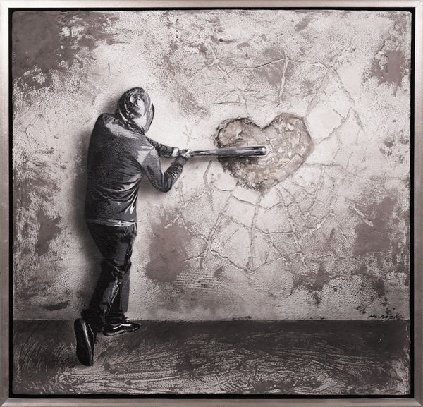 Hijack, 'Breaking Heart' Unique Concrete Painting on Canvas, 2021