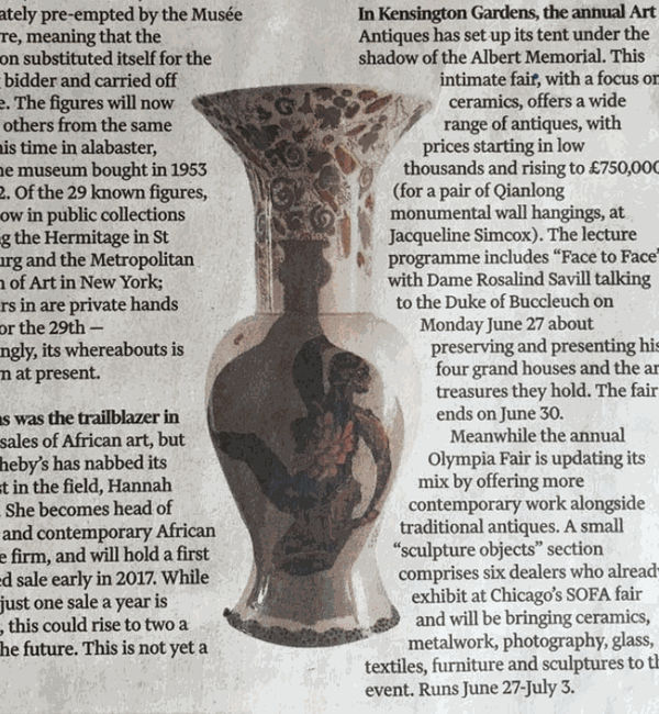 Charlotte Hodes vase in FT article "Collecting"