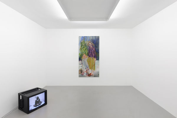 Left, Ursula Hodel, 9 Thousand, 1999, color, sound, 54 min / right, Eva Beresin, Long time before the nudity, 2020, acrylic, oil on canvas, 180 x 90 cm