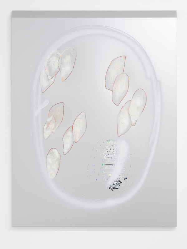 Fillet, 2021, oil paint, spray paint, marker pen and fineliner on hand-tapped aluminium, 125 x 100 cm