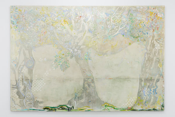 There is a vast forest behind the river, 2020, oil on marble powder on jute, 190 x 278 cm