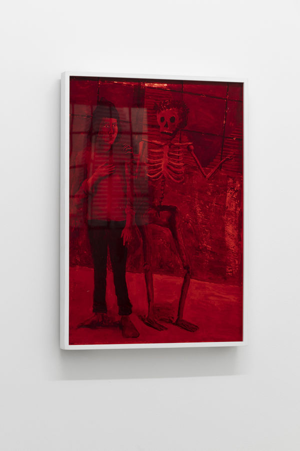 In the studio 1 (After Johann Rudolf Feyerabend's Basler Totentanz, 1806), 2019, solvent transfer and watercolor on one-way reflective window film, 62 x 43 x 6 cm