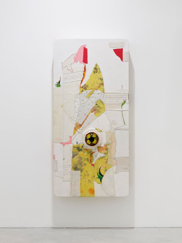 PEDRO WIRZ, Snow Whale, 2023, textile debris, mouth blown glass, acrylic binder on wood construction, 190 x 90 x 20 cm