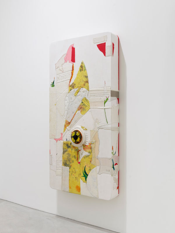 PEDRO WIRZ, Snow Whale, 2023, textile debris, mouth blown glass, acrylic binder on wood construction, 190 x 90 x 20 cm