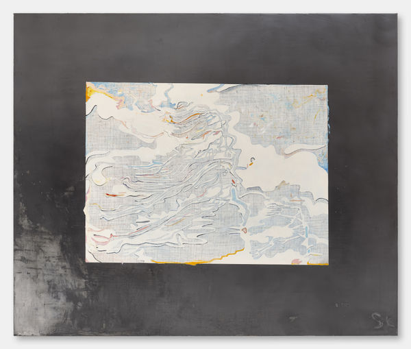 Let go and stop lying…, 2024, oil on graphite and marble powder on jute, 180 x 215 cm | 70.9 x 84.6 in.