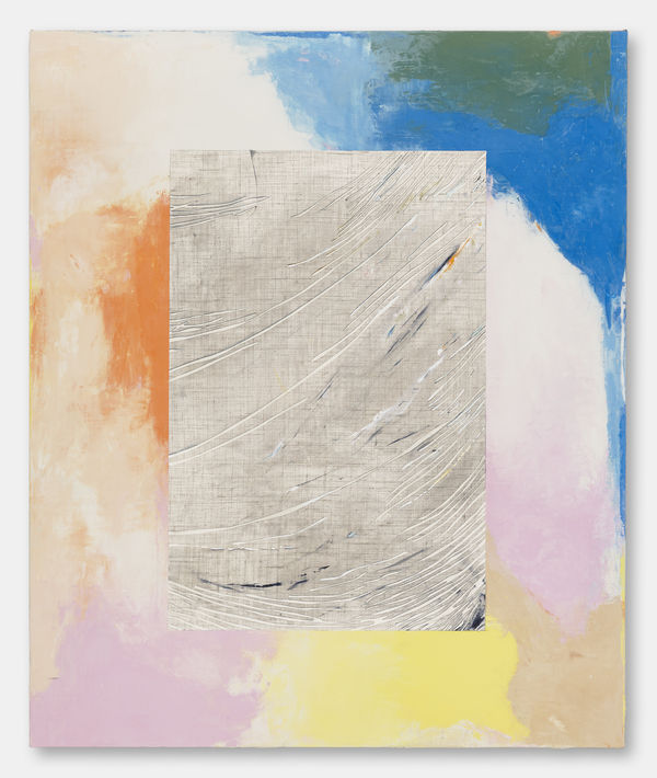 The Experience of a faceless Moment/II, 2024, oil and pigmented marble powder on jute, 180 x 150 cm | 70.9 x 59 in.