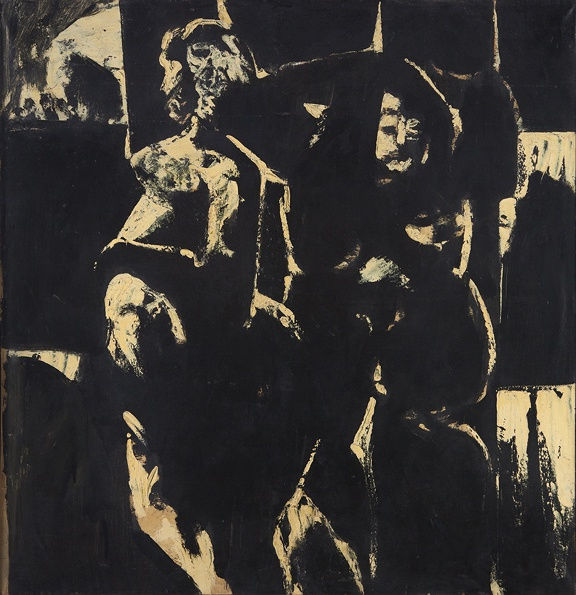 Black and white oil painting of distorted figures on canvas