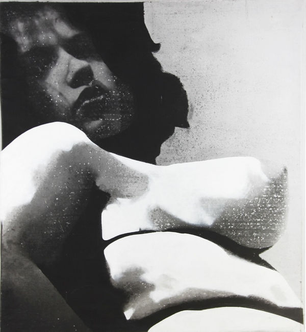 Black and white photograph of nude woman altered with acrylic paint