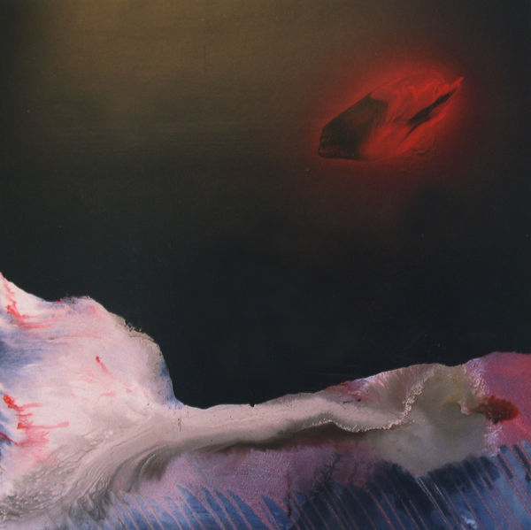 Red, white, pink, and blue enamel on black background