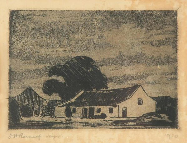 JH Pierneef, House with Trees, Derdepoort, 1920 etching, 7.5 x 10 cm