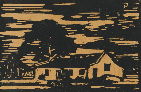 JH Pierneef, Houses with Trees, Derdepoort (Nilant 46), 1919 linocut, 5 x 8 cm