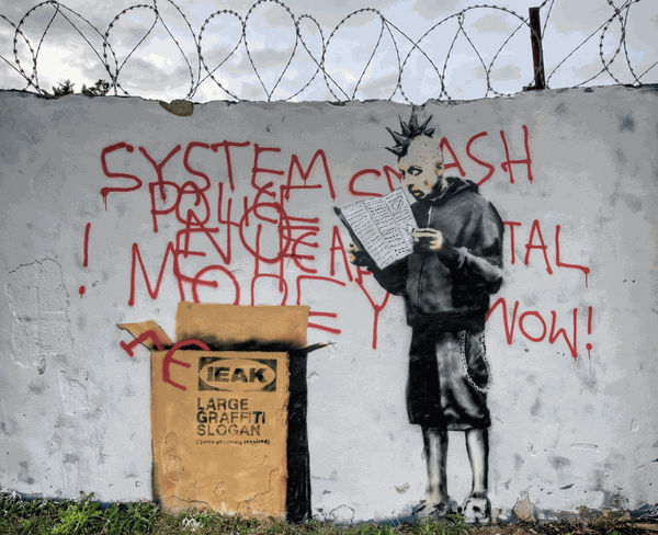 Banksy’s 2009 Ikea Punk stencil blends punk culture with DIY flat-pack design humour.