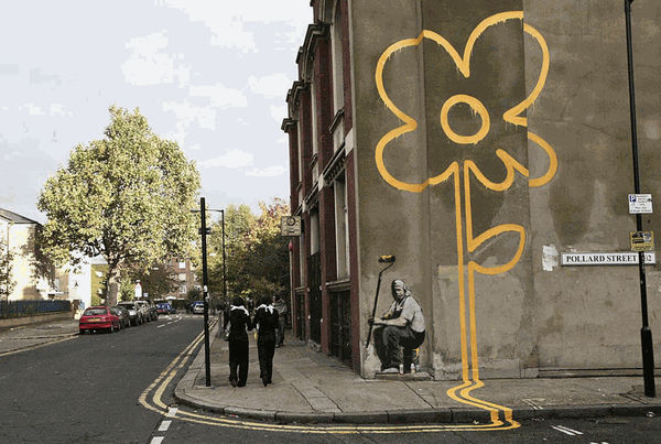 Banksy’s 2007 Yellow Line Flower Painting merges road markings with blooming street art flowers.