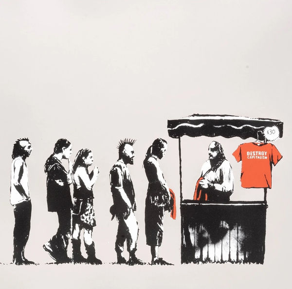 Banksy’s 2006 Destroy Capitalism print of protestors buying rebellion-themed products.