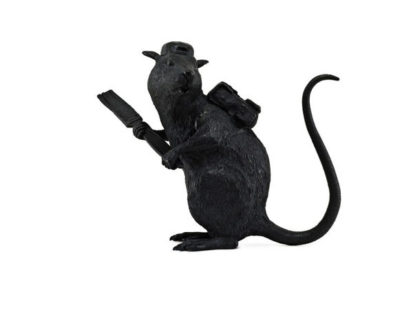 Banksy’s 2006 Bronze Rat sculpture transforms his graffiti motif into striking three-dimensional form.