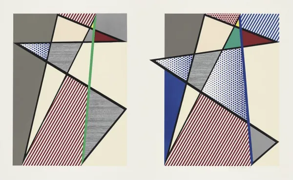 Image of an abstract print with bold outlines and shapes breaking the border.