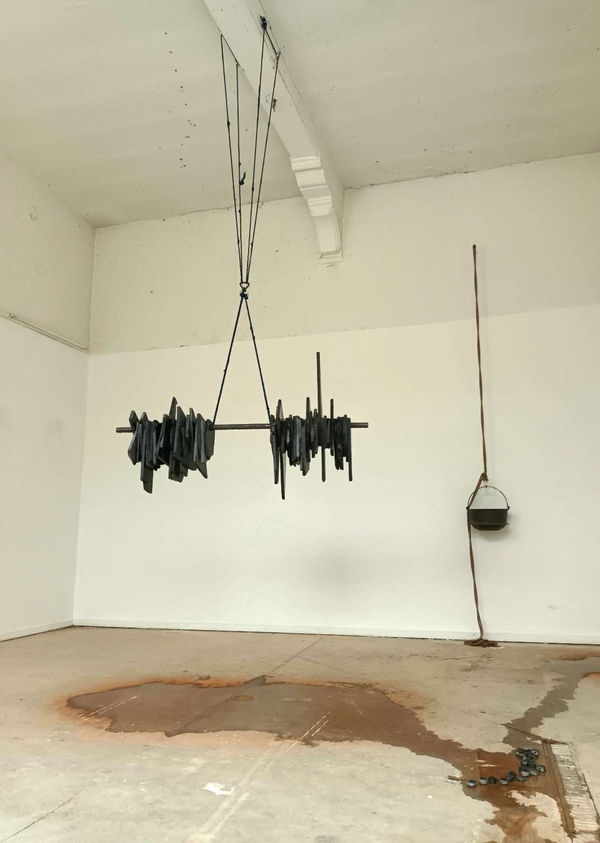 Laurence Petrone, NOUS (Autrefois Toi) / 2022 (graduation, Royal Academy of Fine Arts, Antwerp) stone copper, lead, rope, steel, wood, cast iron, water, sunlight photo: Flor Maesen